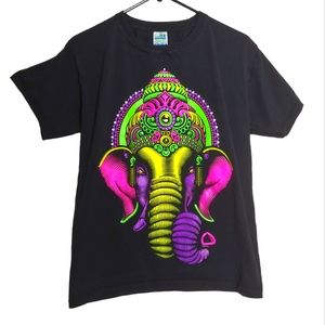 Thessh Lord Ganesha Neon Elephant Black Short Sleeve T-Shirt Size Medium
